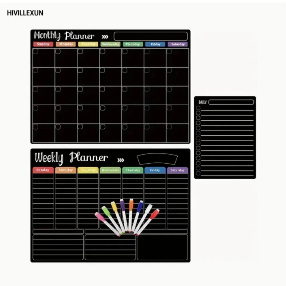 Magnetic Dry Erase Boards Calendar Planner 3 Pack Black with 8 Magnetic Markers